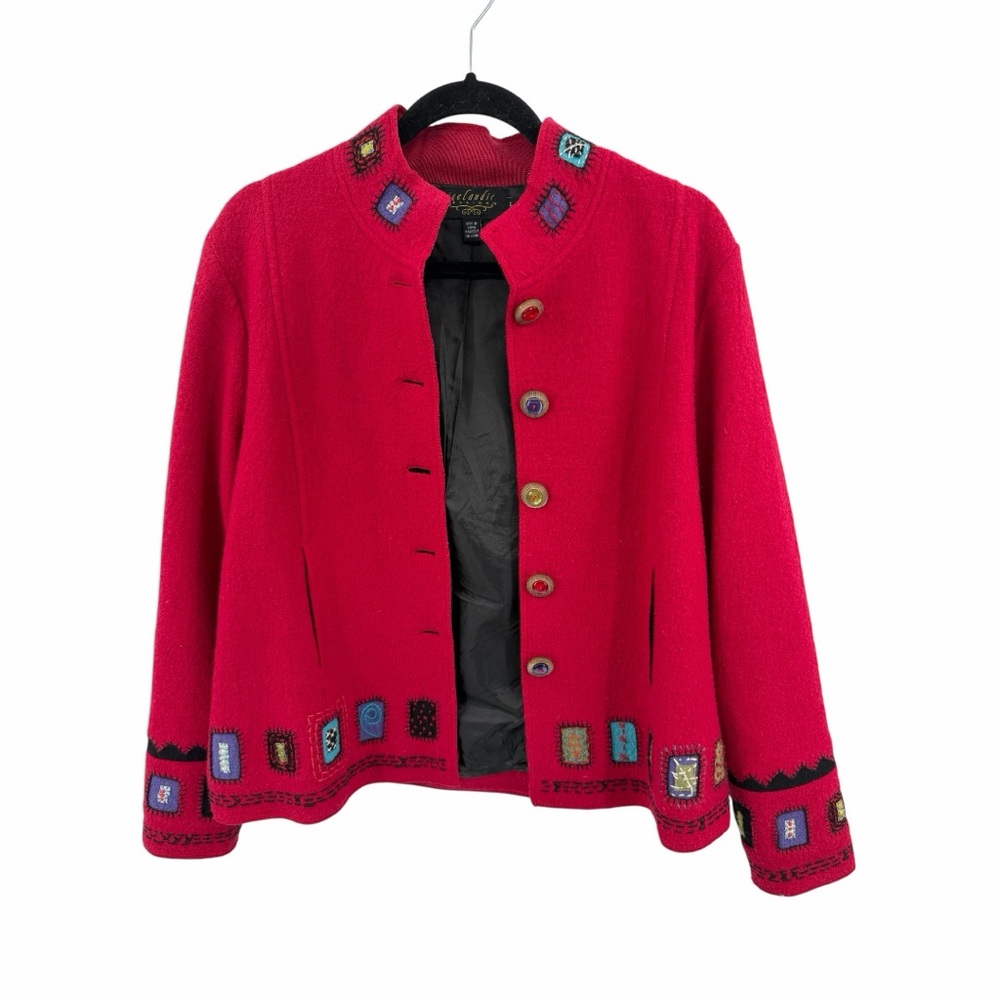 Icelandic Design 100% Wool Fully Lined Blazer Jacket Red Colorful‎ embroidery L